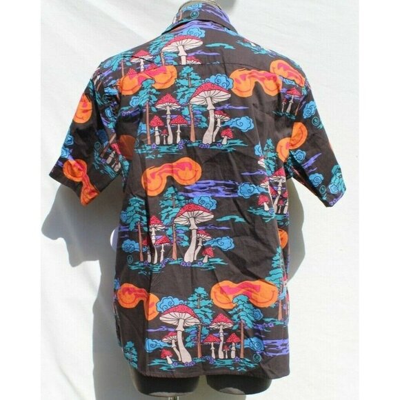 Mens Smilie Face Mushrooms Trippy Button Up Short Sleeve Collard Shirt Small - Picture 4 of 4